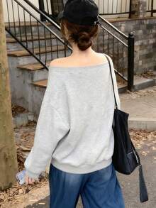 Women's Off-Shoulder Animal Print Casual Versatile Long Sleeve Sweatshirt - Grey - View 6