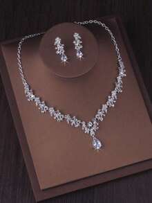 1 Set Aksesori Pengantin Mewah, Termasuk Mahkota Berlian Imitasi, Kalung Berkilau, dan Anting-anting, Set Perhiasan 4 Buah untuk Gaun Pengantin, Cocok untuk Pernikahan, Pesta, Perayaan - Perak - View 5