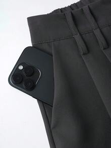 SMILE CHIC 女士休闲宽松阔腿裤，独特腰带设计，适合办公室和日常穿着 - 灰色 - 查看 3