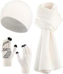 2026AWAYTR Women Winter Beanie Hat Scarf Gloves Set, 3Pcs Warm Knitted Hat Touchscreen Gloves Long Scarf For Cold Weather - 白色 - 查看 9