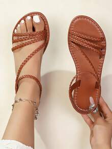Dép xăng đan đế bằng nữ mùa hè 2026 mới, dép xỏ ngón thời trang đi biển với chi tiết đan lát, phù hợp cho mùa hè, kỳ nghỉ và đi làm. - màu nâu - Xem 1