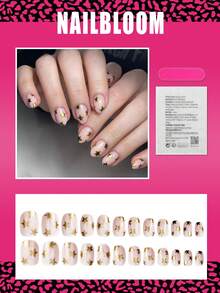 24pcs Short Oval Festival Press On Nails, Minimalist Style Gold Star Nude Short Nails Full Cover Glossy False Nails Set, Include: 1pc Jelly Glue And 1pc Nail File, Easy To Wear Daily Fake Nails Manicure Nails Press On Art For Women And Girls Daily Life Nail Supplies - Multicolor - View 2