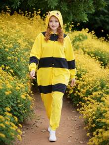 1pc Animal Home Pajamas Jumpsuit Warm Fleece Costume Sleepwear, Autumn/Winter Couples Gifts Suitable For Men And Women Party Outfit - Bee - View 4