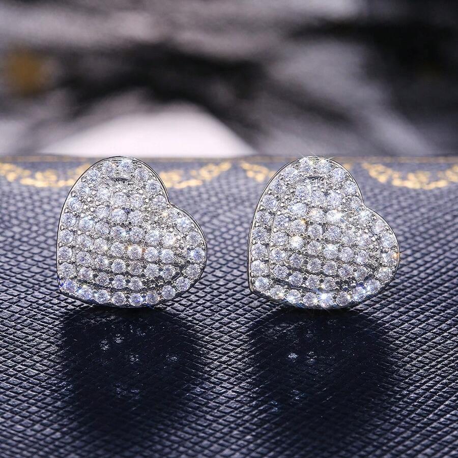 1 par de pendientes de botón con forma de corazón y rhinestones minimalistas y elegantes, adecuados para uso diario, Día de San Valentín, boda, fiesta y otras ocasiones - Pendientes de lujo en forma de corazón - Ver 1