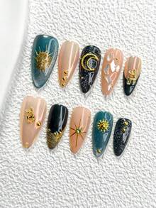 10Pcs Starry Sky Style Handmade Press On Nail,Polygel Nail Set,Hand Painted Sun,Shell,Moon,Deer,Dark Green And Black Nail Polish,Ramadan Style,Includes Nail Tools,3 Sizes Available,Almond,Duck,Coffin Nails For Party,Dance,Daily Wear. - 彩色 - 查看 15