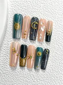 10Pcs Starry Sky Style Handmade Press On Nail,Polygel Nail Set,Hand Painted Sun,Shell,Moon,Deer,Dark Green And Black Nail Polish,Ramadan Style,Includes Nail Tools,3 Sizes Available,Almond,Duck,Coffin Nails For Party,Dance,Daily Wear. - 彩色 - 查看 12