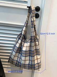 1pc Women's Large Capacity Plaid Tote Bag, Fashion Daily Commute - Khaki - View 4