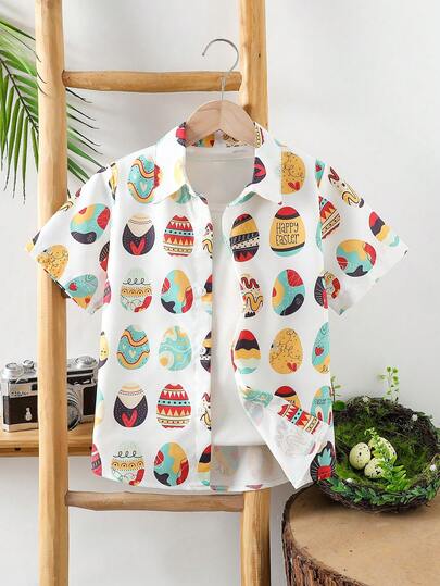 Easter Colorful Egg Print Short Sleeve Casual Polo Shirt For Kids