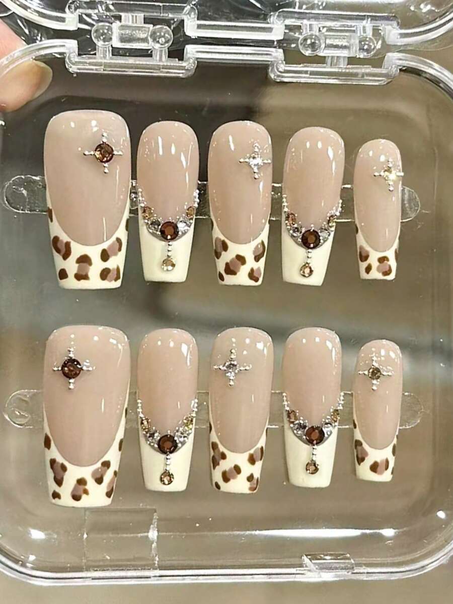 10pcs French Leopard Print Long Nail Studs Rhinestone Embellished Luxury Handmade Nail Art Stick-On Fake Nails - Multicolor - View 1