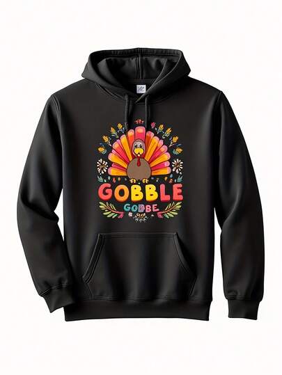 Men-S And Women-S Plus Size Turkey And -Gobble Gobble- Graphic Hooded Sweatshirt - 250G Lightweight, Loose Fit All-Season Comfort, Black With Vibrant Fall Colors, Front Pocket - Ch_064