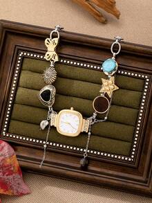 1件Y2K风格多元素项链，包含手表/心形/星星/蝴蝶吊坠，时尚魅力链项链，女士理想情人节礼物（手表灵感设计，寓意：将时间定格在最美好的时刻，留下最甜蜜的回忆） - 方形白色 - 查看 3