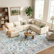 Washable Floral Area Rug For Nursery Soft Boho Living Room Carpet Small Flower Mat Non Slip Low Pile Indoor For Bedroom Dining Room - Màu be/Xanh lam - Xem 3