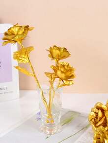5/10/20支装闪亮水晶玫瑰花束 - 优雅彩虹人造花，金色花茎，玻璃花瓶，适用于情人节、婚礼、周年纪念日、圣诞派对装饰、浪漫装饰，闪亮花朵，塑料玫瑰 - 金色 - 查看 5