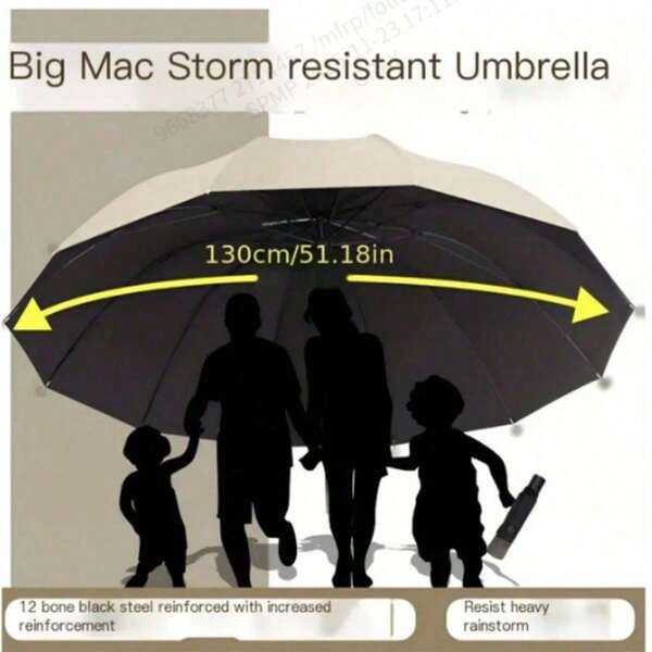 1 Oversized 12-Rib Windproof Umbrella - Manual Open, Waterproof, Tear-Resistant, Steel Frame - Fashionable Minimalist Business Style, Reinforced Foldable Travel Umbrella, Suitable For Men And Women Summer Cooling,Beach,Travel