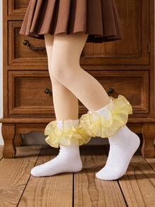 1 par de calcetines cortos de algodón con volantes y estampado floral grande para niñas, calcetines elegantes de estilo princesa para atuendos de fiesta - Amarillo - Ver 4