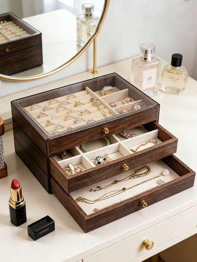 1pc 3-Layer Transparent Velvet Jewelry Storage Box, Organizes Rings, Necklaces, Bracelets, Earrings & Pendants, Elegant Display Stand With Crystal Knob, Luxury 3-Tier Jewelry Box - Spacious Earring, Necklace & Ring Storage - High-Quality Desktop Organizer, Stylish & Compartmentalized, Suitable As Women's Day, Christmas, Halloween Gift, Ladies Gift, Also For Holiday, Beach, Bathroom, Bedroom, Large Capacity