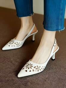 白色镂空花朵水钻搭扣尖头高跟鞋，透气专业工作鞋，无后跟凉鞋，春秋季 - 白色 - 查看 4