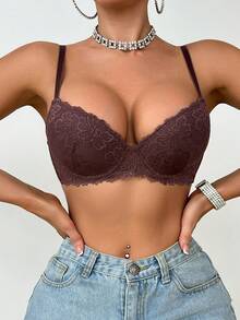 3pcs Deep V Fashion Solid Color Sexy Lace Bra Set - Multicolor - View 3