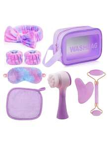 5/6/7/8/9pcs Professional Facial Cleansing & Skincare Massage Tool Set, Including 3pcs Spa Headband & Wristband Set, 1pc Facial Cleansing Brush, 1pc Heart-Shaped Gua Sha Board, 1pc Facial Oil Massage Roller, 1pc Reusable Makeup Remover Towel, 1pc Waterproof Storage Bag, Portable Travel Kit, Ideal Gift For Valentine's Day, Christmas, Spring Festival, Mother's Day, Parties, Weddings - Multicolor - View 1
