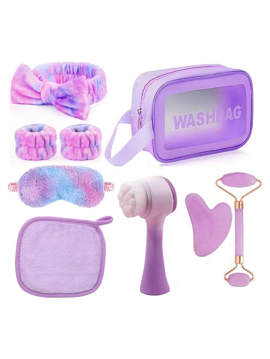 5/6/7/8/9pcs Professional Facial Cleansing & Skincare Massage Tool Set, Including 3pcs Spa Headband & Wristband Set, 1pc Facial Cleansing Brush, 1pc Heart-Shaped Gua Sha Board, 1pc Facial Oil Massage Roller, 1pc Reusable Makeup Remover Towel, 1pc Waterproof Storage Bag, Portable Travel Kit, Ideal Gift For Valentine's Day, Christmas, Spring Festival, Mother's Day, Parties, Weddings - Multicolor - View 1