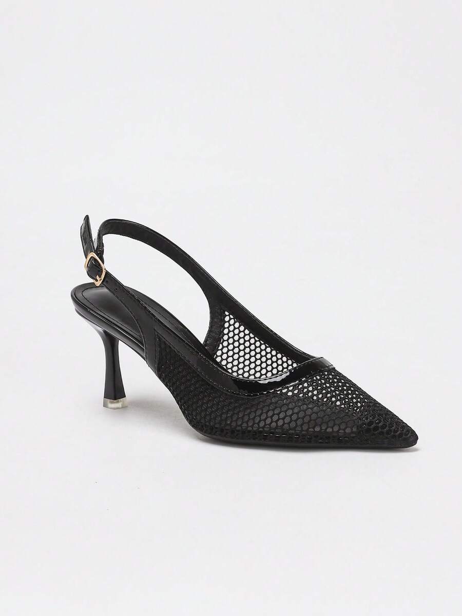 Women's Lace Mesh Kitten Heel Bridal Shoes, Pointed Toe Wedding High Heels,Summer Shoes - Black - View 1
