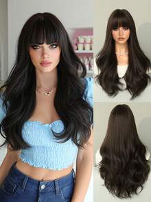 7JHH WIGS 女士长款深棕色带刘海假发，优雅长款深棕色波浪假发，外观自然，耐热纤维材质，蓬松柔软，适合日常佩戴、音乐节、派对、角色扮演等场合，24英寸。 - 深棕色 - 查看 3