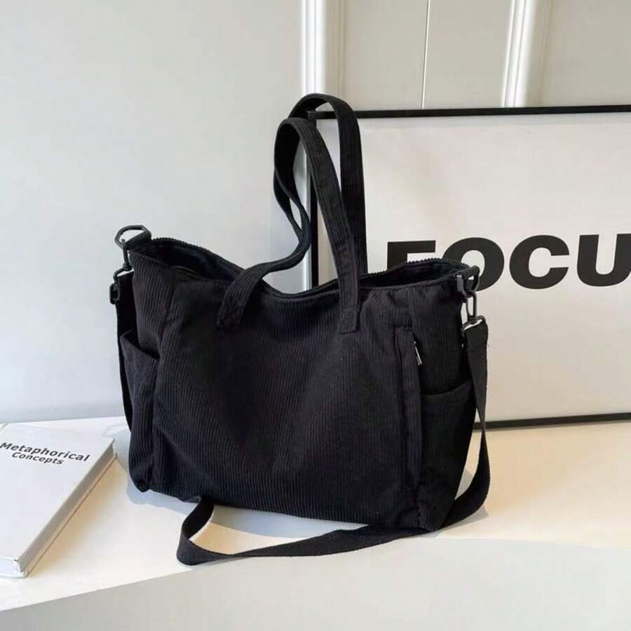 Women's Shoulder Bag, Crossbody Tote, Multipurpose, Large Capacity, Corduroy,  Bag With Zipper - 黑色 - 查看 1