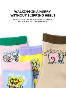 SpongeBob SquarePants 7双装女士休闲卡通印花短袜，透气吸湿低帮袜，适合夏季日常穿着 - 彩色 - 查看 5