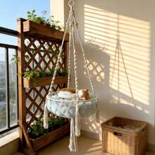 1pc Macrame Cat Hammock, Bohemian Style Hanging Cat Bed, Handwoven Fiber Art Cat Perch Swing, Suitable For All Seasons - Cushion Not Included - Beige - View 6