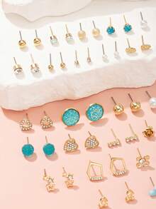 Bộ 30 đôi bông tai đinh tán tối giản nhiều kiểu dáng - hình trái tim đính đá, hoa kim loại, ngọc trai giả, phù hợp cho tiệc tùng, thường ngày, quà tặng ngày lễ. - Nhiều màu - Xem 5