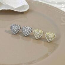 1 par de pendientes de botón con forma de corazón y rhinestones minimalistas y elegantes, adecuados para uso diario, Día de San Valentín, boda, fiesta y otras ocasiones - Pendientes de lujo en forma de corazón - Ver 2