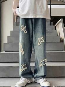 Teen Boy's Fashionable Cross Embroidered Loose Casual Denim Jeans - Medium Wash - View 3