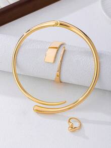 Set de 3 piezas de joyería elegante y de alta gama con anillo, pulsera y collar con forma de lágrima, adecuado para mujeres, fiestas, uso casual y ocasiones románticas - Amarillo Oro - Ver 2