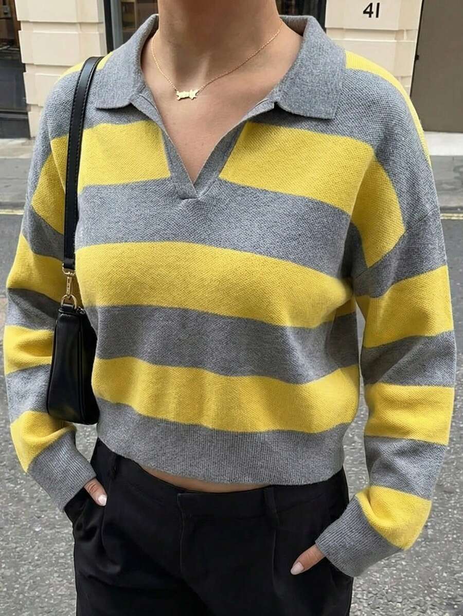 Women's Sweet & Fashionable Loose Polo Collar Striped Long Sleeve Casual Knit Sweater, Spring/Summer - Yellow Gray - View 1