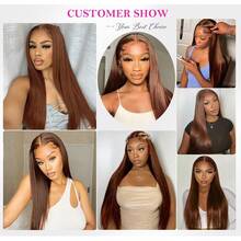 8-34英寸蕾丝前假发，真人前额发丝，200密度，直发蕾丝前假发，混合发丝，预先拔毛，13x4高清蕾丝前额，漂白发结，5*5预制全套，即戴即用，巧克力棕色无胶假发，女士款 - 棕色 - 查看 9