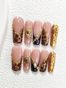 10pcs Gold-Plated Nail Stickers, Black French Fake Nails, Goddess Portrait Frame Accessories, Champagne Diamond Jewelry, Brown Wavy Nail Art, 3 Sizes: Almond, Square, Stiletto, Tools Kit (1pc Jelly Sticker + 1pc Nail File), Suitable For Women And Girls, Autumn/Winter, Party, Daily Wear Nail Supplies - 彩色 - 查看 4