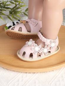 1双幼儿女童时尚百搭可爱花朵图案魔术贴凉鞋，适合0-1岁女婴学步，1-12个月婴儿鞋，适合春、秋、夏季穿着。 - 粉色 - 查看 3