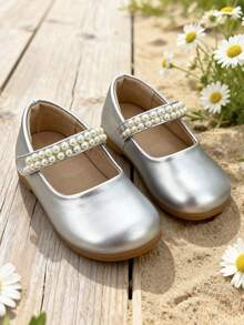 1 Pair Girls' Mary Jane Dress Shoes With Pearl Decor, Hook And Loop Closure Flat Shoes Suitable For Party, Ceremony And Daily Wear - Silver - View 1