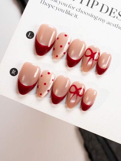 用10片裸粉色猫眼红色法式按压美甲贴片、优雅芭蕾舞风格甜美蝴蝶结美甲贴片、短杏仁形美白高端氛围美甲贴片、手工制作可重复使用的假指甲来提升您的气质。