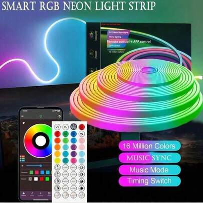 5米蓝牙LED霓虹灯带，支持App和遥控器控制，RGB LED霓虹灯，柔性灯带，适用于家居装饰、LED灯、墙面装饰灯、电视背光灯、夜灯、仙女灯、LED灯、装饰灯等。