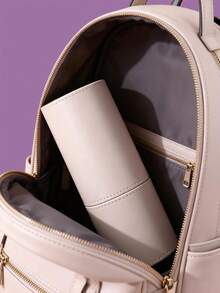 1pc Portable Makeup Brush Holder, Detachable Dual-Compartment Design, Leather Material, Easy To Clean, Makeup Organizer Tool - Apricot - View 7