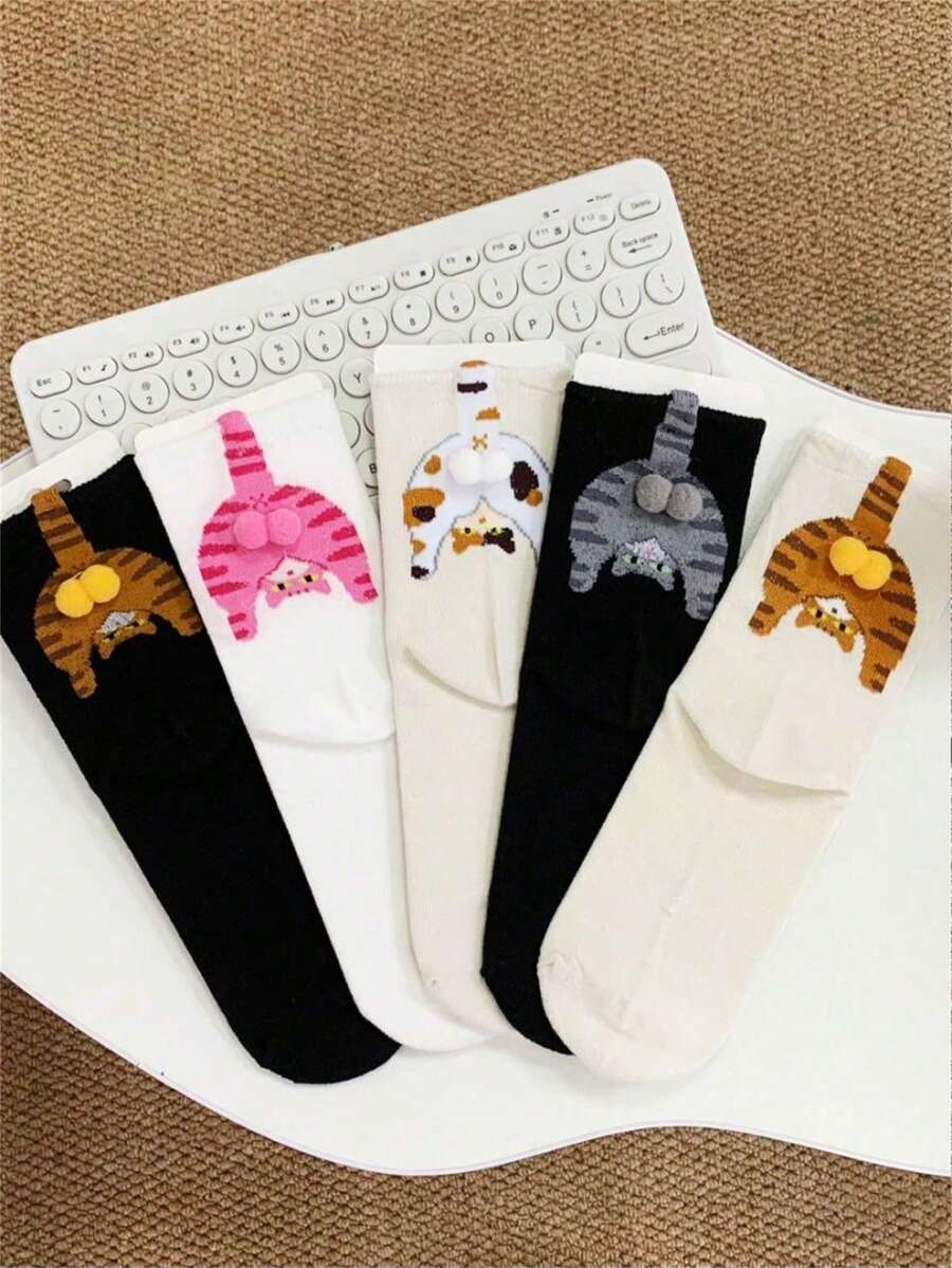 5 Pairs Fashionable Personalized Funny Cute Cat Egg Design Mid-Calf Leg Warmers Set, Suitable For Daily Wear, Campus, Party, Halloween, Christmas, Thanksgiving, Valentine's Day, Birthday Gift - Multicolor - View 1