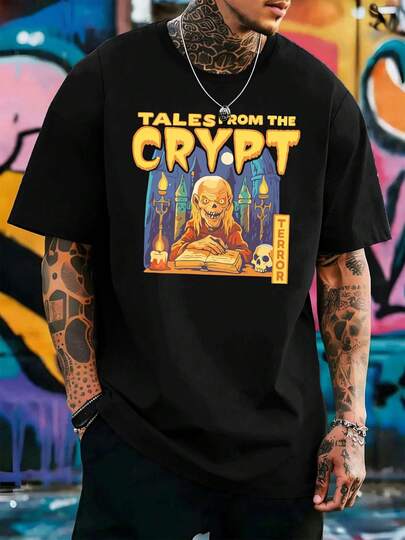 Camiseta con estampado gráfico de Tales from the Crypt, algodón suave, corte holgado, ajuste cómodo, estilo hip-hop callejero, diseño gráfico