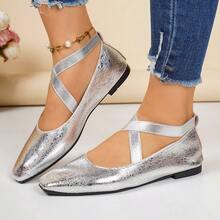 Women's Retro Ballet Style Pointed Toe Shoes, Criss-Cross Strap Versatile Shallow Soft Bottom Casual Loafers - Silver - View 3