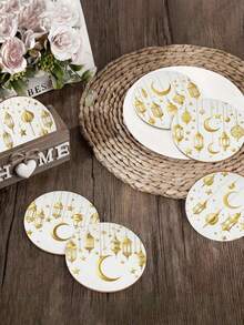 金色斋月 - 6 件套圆形木质杯垫，桌面保护垫，乔迁礼物，生日礼物，开斋节礼物，餐具保护垫，厨房用品，节日家居装饰，家居装饰 - 彩色 - 查看 3