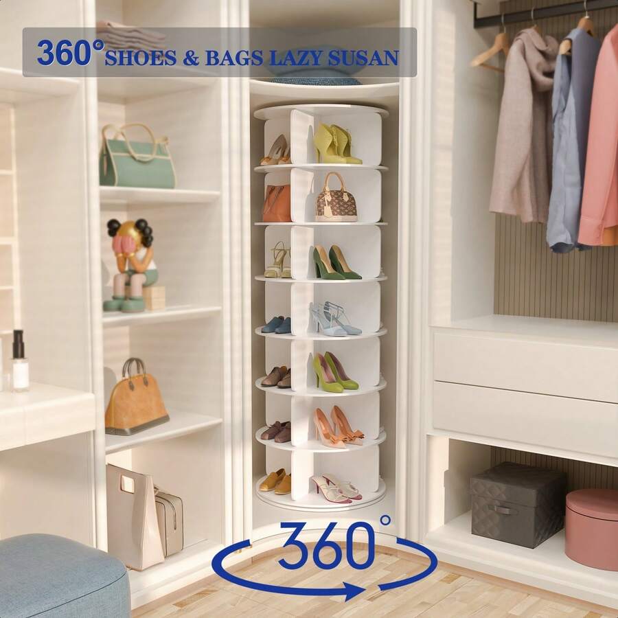7 Tier Rotating Shoe Rack Tower, Free Standing 360° Shoe Organizer Lazy Susan, Bag Display Rack Storage Round Carousel, Neat And Elegant Shoe Storage Solution - trắng - Xem 1