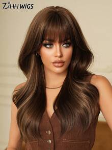 7JHH WIGS Tóc giả màu nâu gợn sóng chất lượng cao 22 inch có mái, tóc giả xoăn bồng bềnh tổng hợp điểm xuyết highlight vàng, sợi tổng hợp chịu nhiệt, không cần keo dán, thích hợp cho nữ mặc hàng ngày, cosplay, phụ kiện dự tiệc lễ hội âm nhạc, phong cách Y2K. - Màu nâu highlight - Xem 2