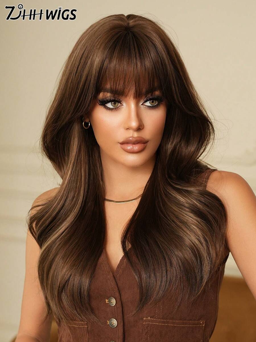 7JHH WIGS Tóc giả màu nâu gợn sóng chất lượng cao 22 inch có mái, tóc giả xoăn bồng bềnh tổng hợp điểm xuyết highlight vàng, sợi tổng hợp chịu nhiệt, không cần keo dán, thích hợp cho nữ mặc hàng ngày, cosplay, phụ kiện dự tiệc lễ hội âm nhạc, phong cách Y2K.