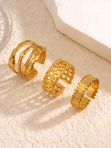 3pcs/Set Stainless Steel Geometric Line Hoop Rings, Suitable For Women's Daily And Party Wear - Multicolor - View 6