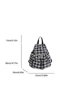 1pc Fashionable Plaid Multi-Pocket Nylon Casual Backpack, Waterproof, Lightweight, Foldable, Drawstring, Patch Letter, Travel Bag - Black and White - View 6